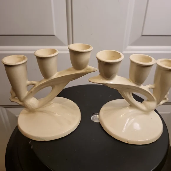 Vintage Porcelain  Bisque Japanese Matte Cream Candle Holders 6" - Picture 7 of 11